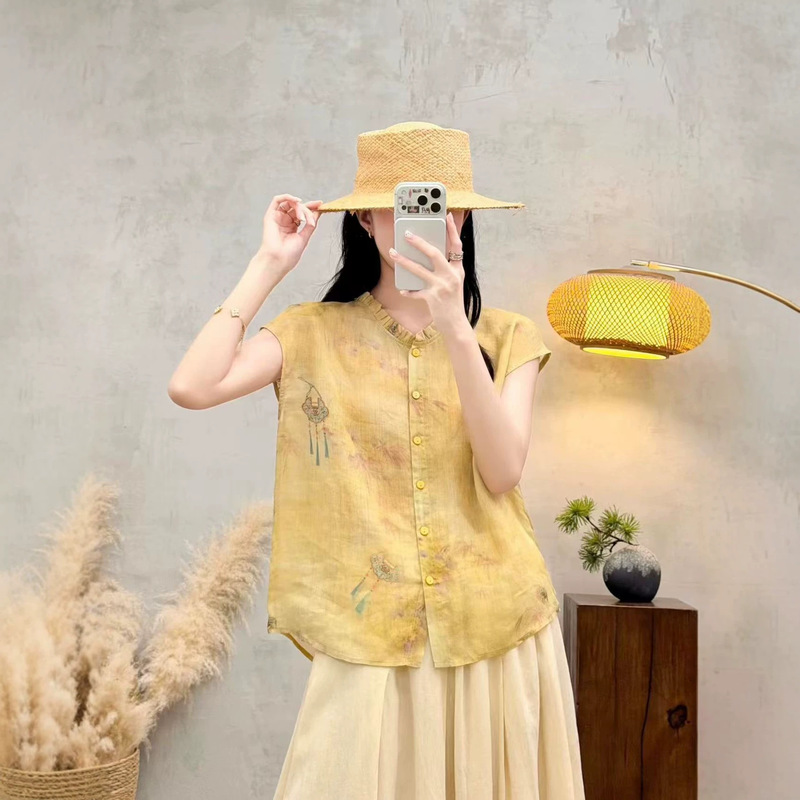 26 Summer Style Sleeveless Women's Pure Ramie Printed Lace Collar Plain Ramie Blouse New Lazy Style Top