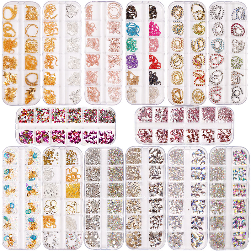 Cadena de uñas popular transfronteriza 12 rejilla joyería diamante en forma especial nueva aleación decoración de uñas Cadena de uñas decoración de metal