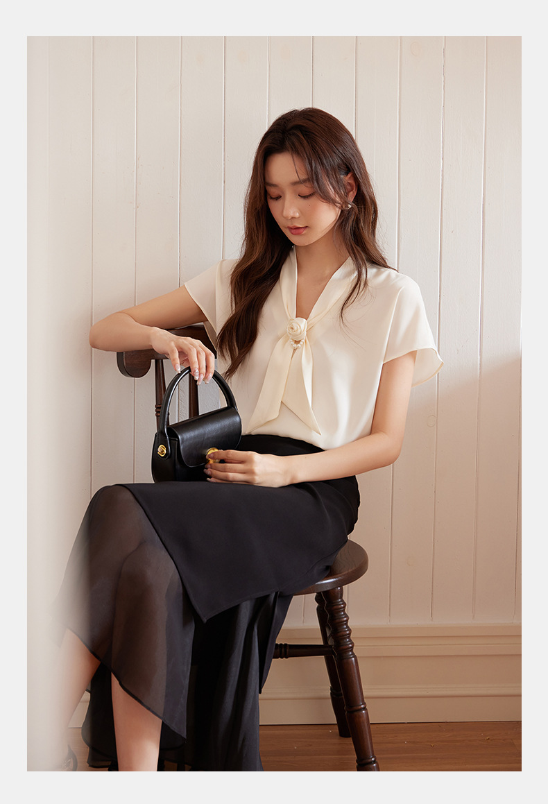 起范 法式V领飘带雪纺衬衫女短袖2024夏季新品气质优雅上衣82568 pic 7