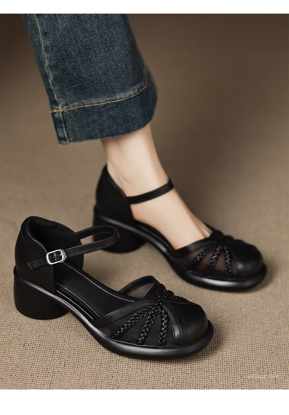 Sandal quai ngang nữ mũi bao da bò gót dày kiểu La Mã lưới rỗng — đen chi tiết 2