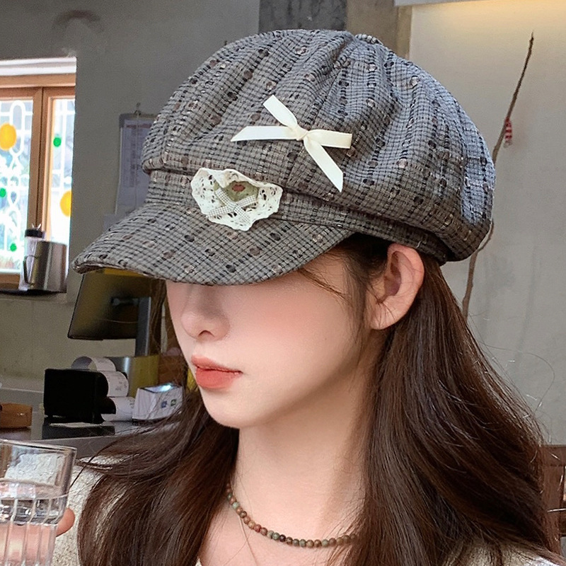 韩版秋季爱心蕾丝蝴蝶结格子贝雷帽子女甜美文艺百搭高级感画家帽|undefined