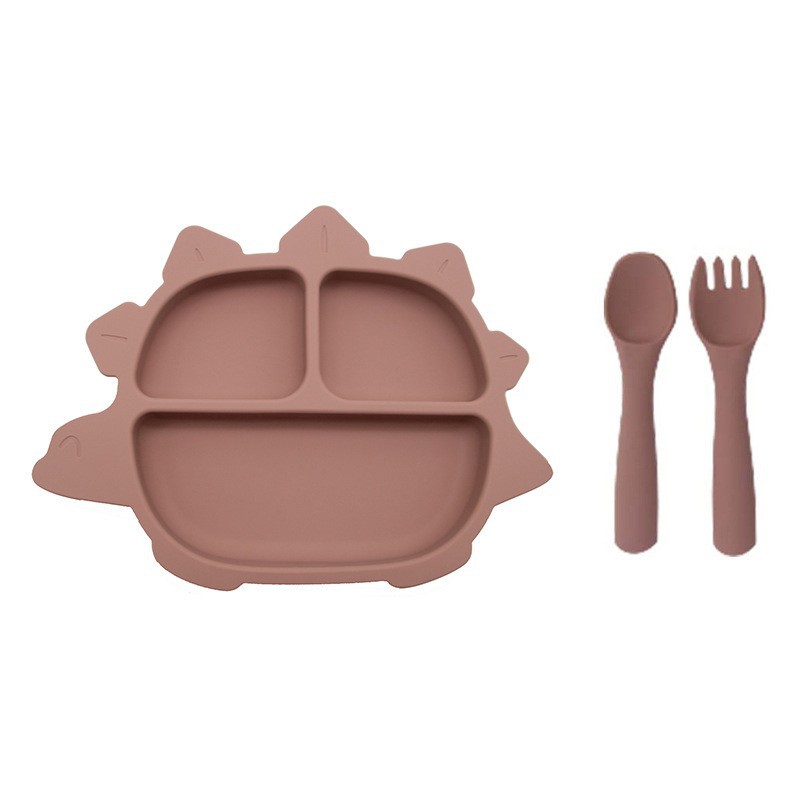 실리콘 [익룡 디너 접시 + 원형 손잡이 포크와 스푼] 심야 파우더