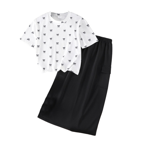 Girls 'suit, foreign trade children's wear, 2025 summer new style, bow bow printed short-sleeved shirt, two pieces, skirt