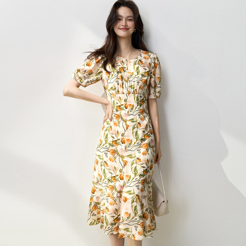 Clearance Sale Summer New Tulip Print Short-Sleeve Dress with Fishtail Hem, Waist-Cinching Slimming Long Dress 15339