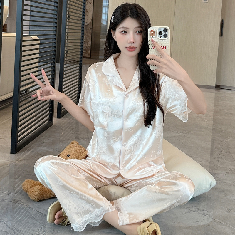 French Fairy Style Ice Silk Pajamas for Women Summer New Lace Short-Sleeved Trousers Comfortable Home Clothes Wholesale