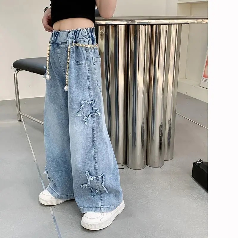 Nuevos pantalones de primavera y otoño para niños de mediana edad coreanos sueltos bordes de lana casuales de estilo extranjero pantalones largos de niñas vaqueros piernas anchas image 2