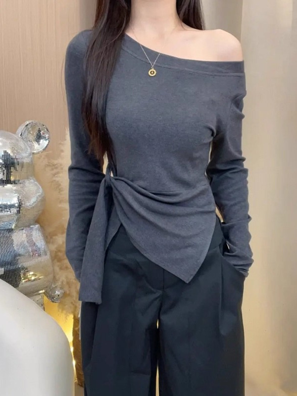 大码胖mm韩系条纹不规则开叉斜肩长袖T恤女装早秋收腰设计感上衣|undefined