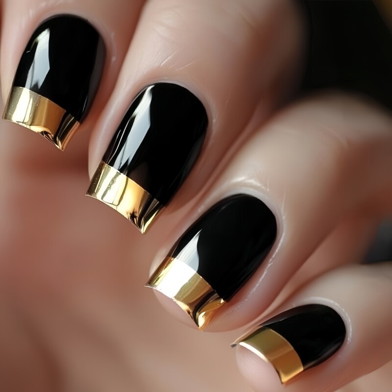 Black Gold-Edged French Simple Mid-Length European Square Manicure Patch European and American Fashion Manicure Patch Removable Black Gold-Edged French Simple Mid-Length European Square Manicure Patch European and American Fashion Manicure Patch Removable