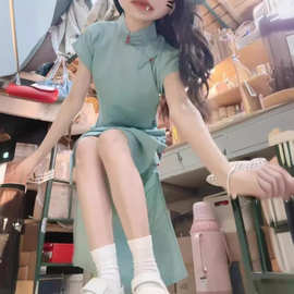 纯色夏季清凉洋气范低开叉修身长旗袍女新款曳地短袖复古民国显白