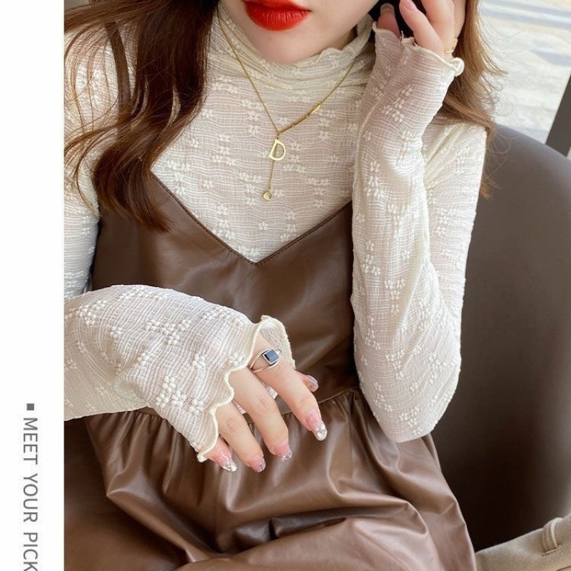 蕾丝打底衫女半高领2025新款春秋薄款内搭长袖早秋上衣木耳边小衫|undefined