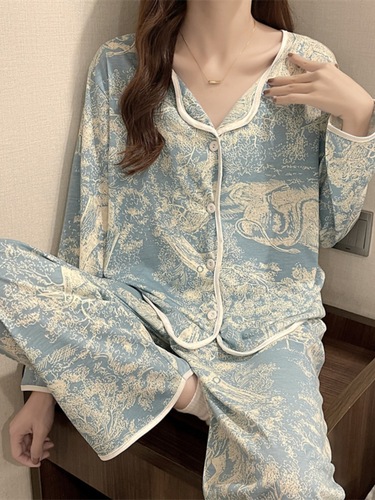 Ladies' Spring and Autumn Pure Cotton Long Sleeve 2025 High-End Ink Wash Painting Open Shirt Home Wear Set