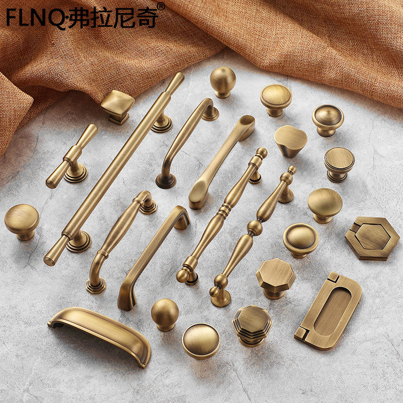 純銅復古美式衣櫃仿古銅把手櫃門櫥櫃單孔抽屜黃古銅法式黃銅拉手