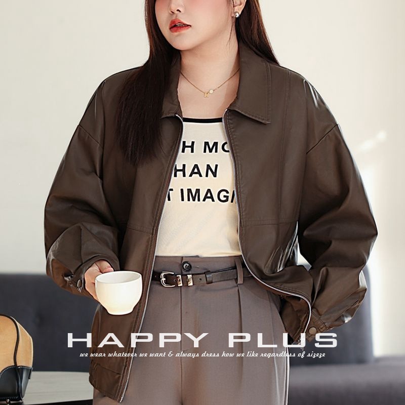 Happyhut Retro Loose and Stylish Motorcycle Pu Leather Jacket N8805 Casual Loose Pu Leather Jacket Top