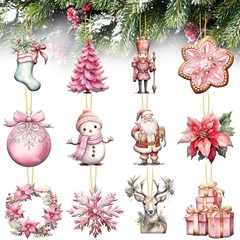 24 個ピンククリスマス木製装飾クリスマス雪だるまサンタクロースヘラジカガーランド木製クリスマス吊り下げ装飾品ロープ付き