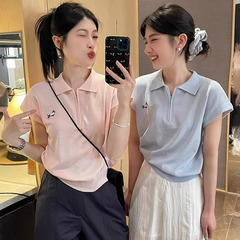 韩系ドーパミン刺繍ニットポロシャツレディース正肩半袖tシャツ夏アイスデザイン感トップス高级感