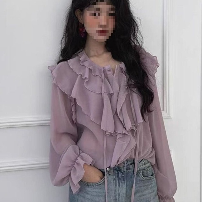 Ruffled Floating Collar Shirt for Women 2025 Spring New Loose Thin Bell Sleeve Chiffon Shirt Top