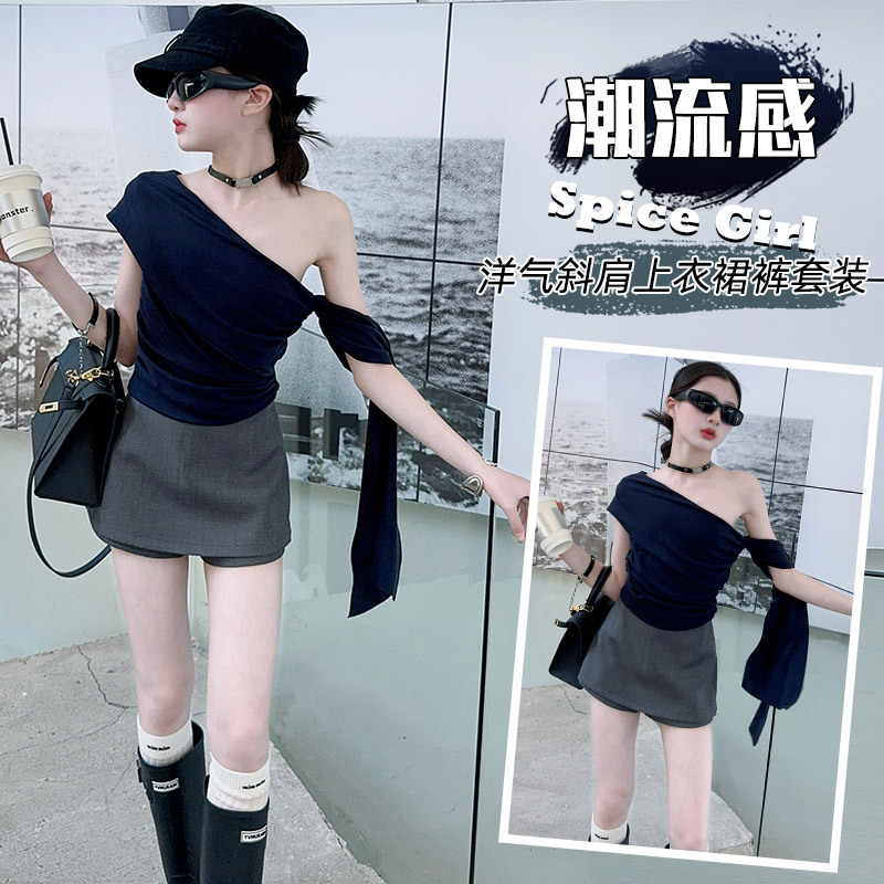 Girls' Oblique Shoulder Hip Skirt suit 2025 New Summer Korean Slim Look Short Elegant Shoulder T-Shirt Two-Piece Set