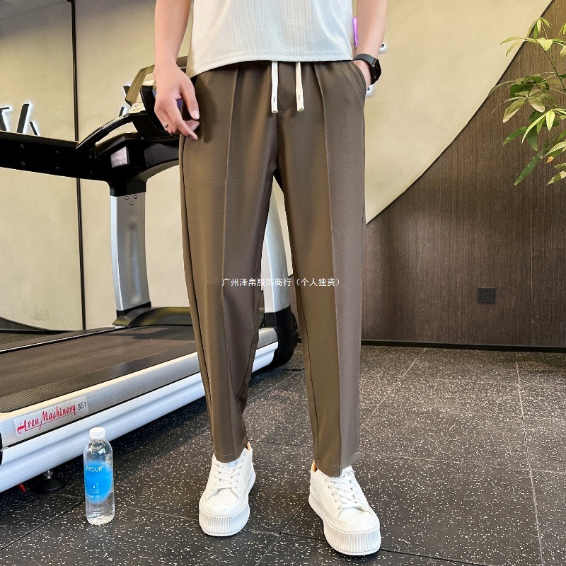 Men's Casual Loose-Fitting Solid Color Ice Silk Pants, Summer Korean Style, Stylish Straight-Leg Cropped Trousers