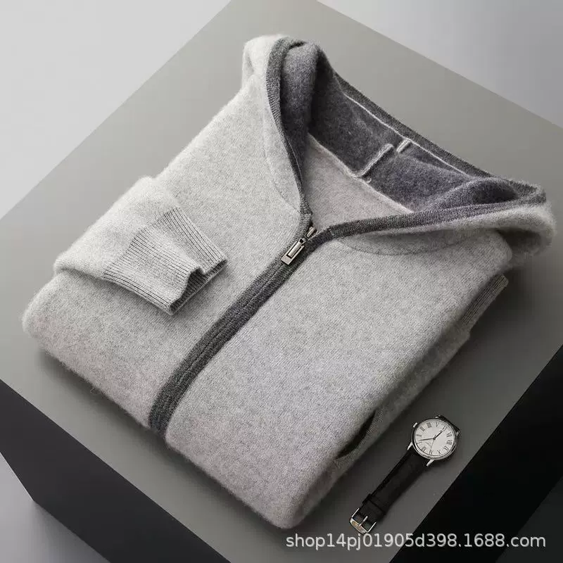 秋冬款跨境毛衣外套休闲拉链连帽羊绒开衫男针织帽衫轻奢时尚