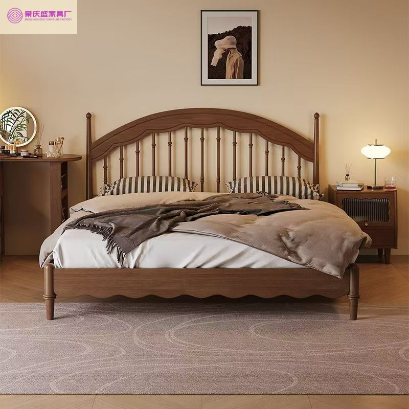 All-Solid Wood Mid-Century Style Master Bedroom, American French Retro Double Bed, New Chinese Style Walnut Color Harp-Shaped Large Bed, Mid-Century Style