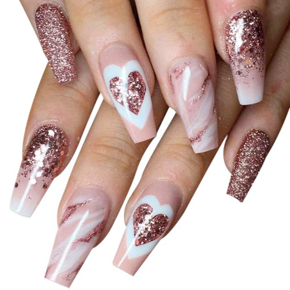 Venta caliente transfronteriza brillo amor ropa uñas piezas nuevo parche de uñas trapezoidal piezas de uñas falsas terminadas al por mayor image 1