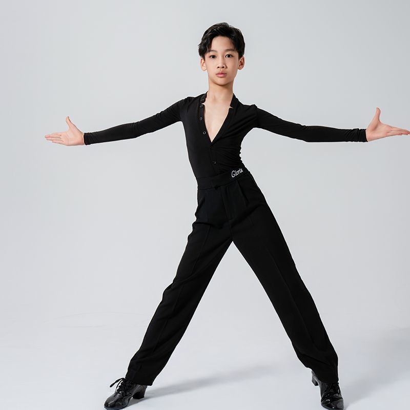 Gloria Boys' Latin Dance Clothing Autum New Large V Neck Long-Sleeved Crotchless Top Performance Clothing Practice Clothing