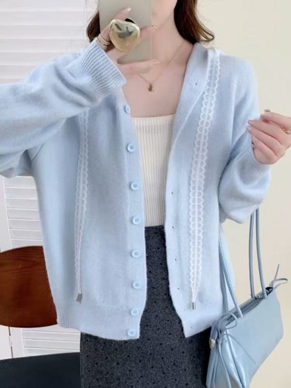 2025秋冬新款韩版宽松显瘦蕾丝拼接针织开衫女百搭毛衣外套上衣潮|undefined