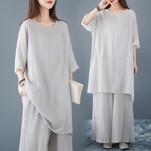 Spring and Summer 2025 New Retro Ethnic Style Improved Zen Zen Suit Solid Color Artistic Cotton Linen Round Neck 3-Piece suit Set