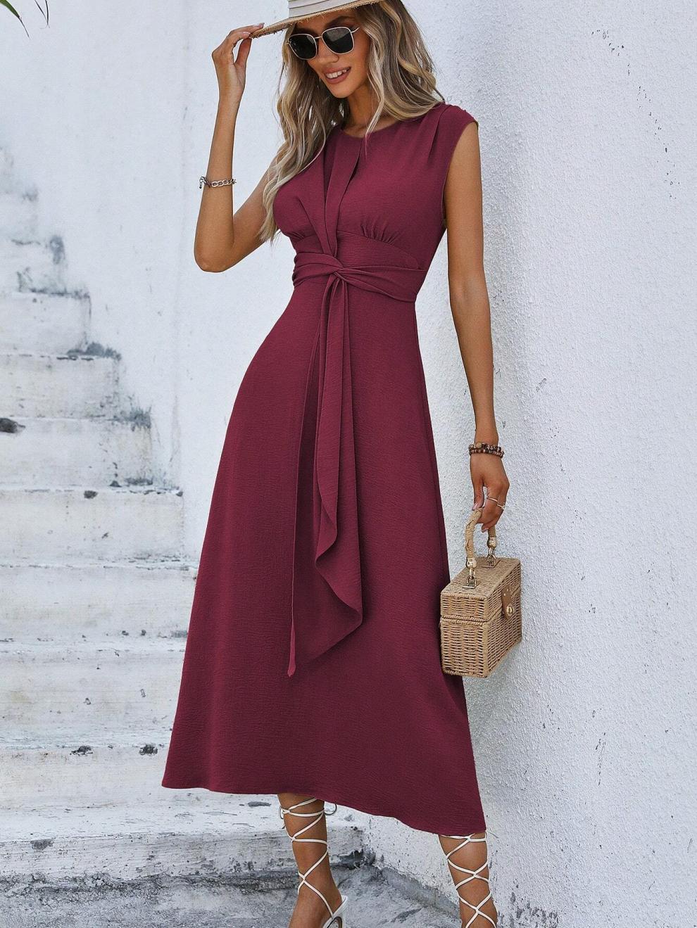327g Weight Midi Dress Dress Length Type Sleeveless Sleeve Length Sheath Dress Dresses Type Sleeveless Sleeve Type Polyester Fabric Type Elastic Waist Waist Line Holiday Occasion Round Neck Neckline Regular Fit Fit Type Solid Color Pattern Summer Season Women's Gender Streetwear Style Wholesale Women's Streetwear Solid Color Holiday Round Neck Sleeveless Sheath Dress 38