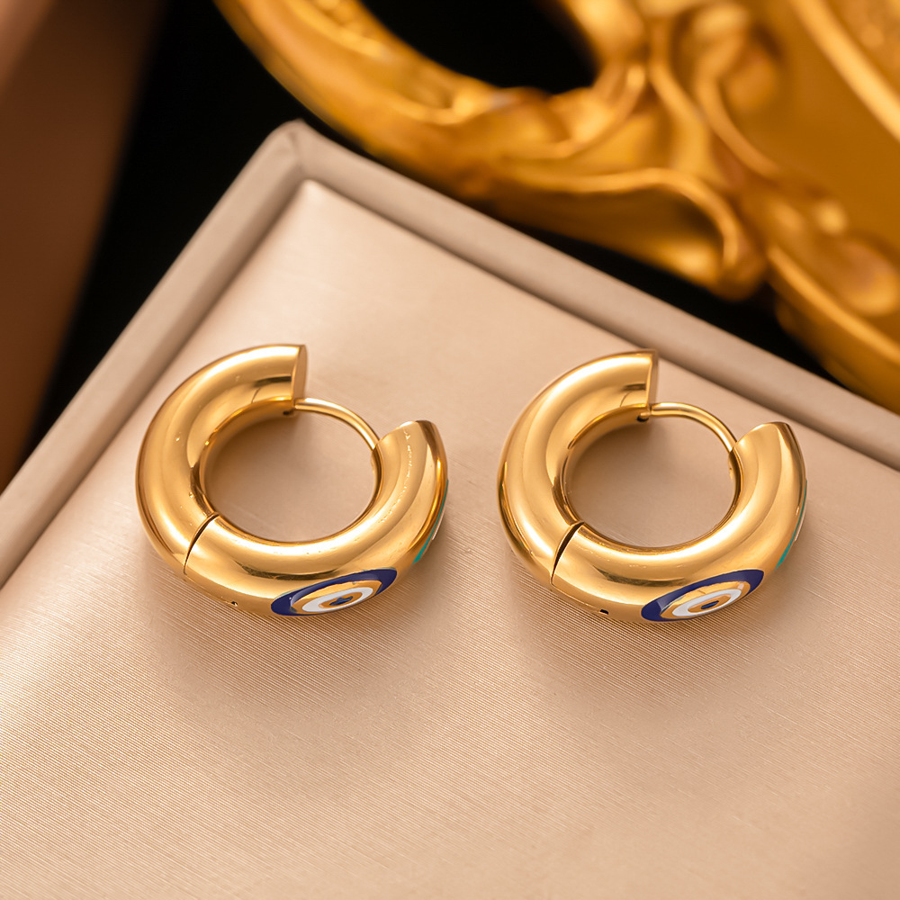 1 Pair Modern Style Devil'S Eye Enamel Plating 304 Stainless Steel 18K Gold Plated Hoop Earrings display picture 4