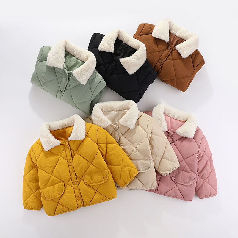 中小童韓版棉服兒童菱形格短款棉衣男女寶寶加厚毛領羽絨棉服外套