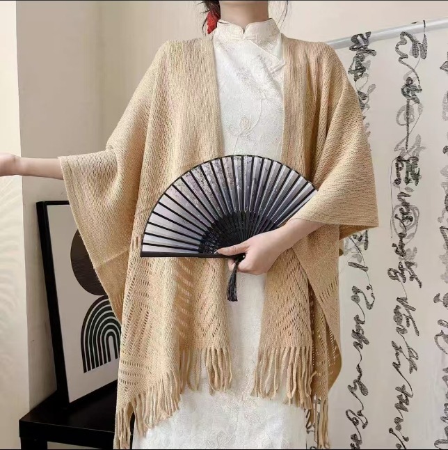 優しいチャイナドレス風ショールカーディガン、中華民国風のマント、爽やかで芸術的な無地、多用途なフリンジ付きニット透かし編み|undefined