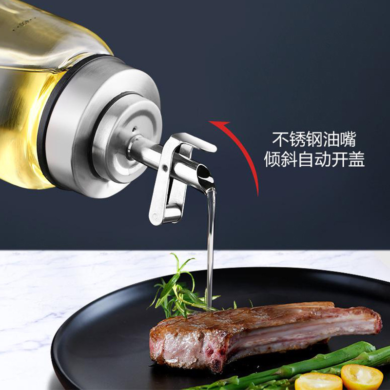 Kitchen Supplies Glass Automatic Open and Close Oil Jug Stainless Steel Gravity Oil Bottle Soy Sauce Vinegar Sesame Oil Bottle Condiment Bottle 