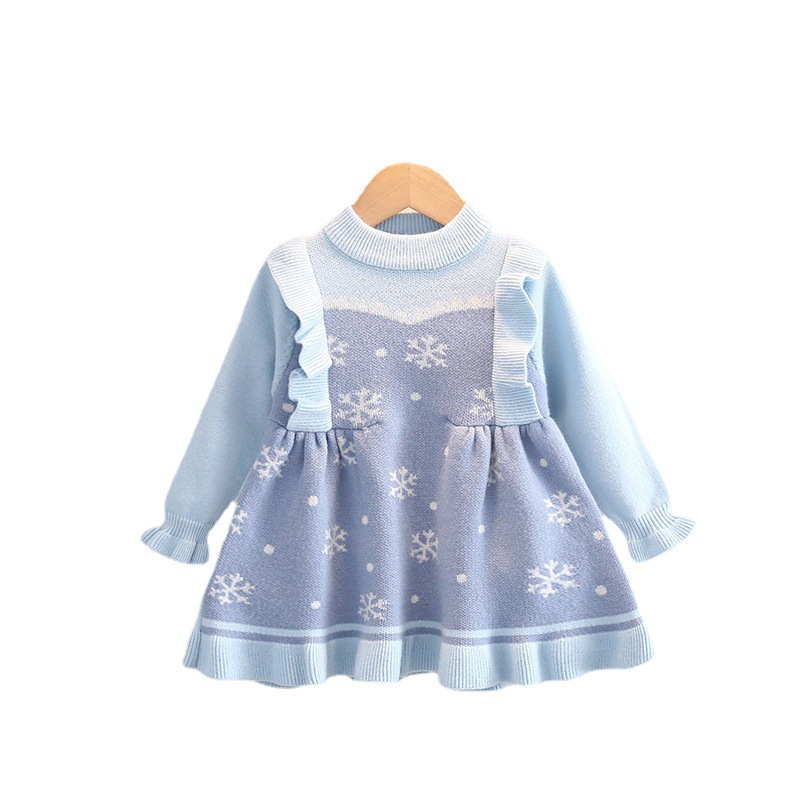 Girls' Woolen 2021 Children's Sweet Korean Edition Western style Ice and Snow Romance Knitted Dress 9002_voghion.com
