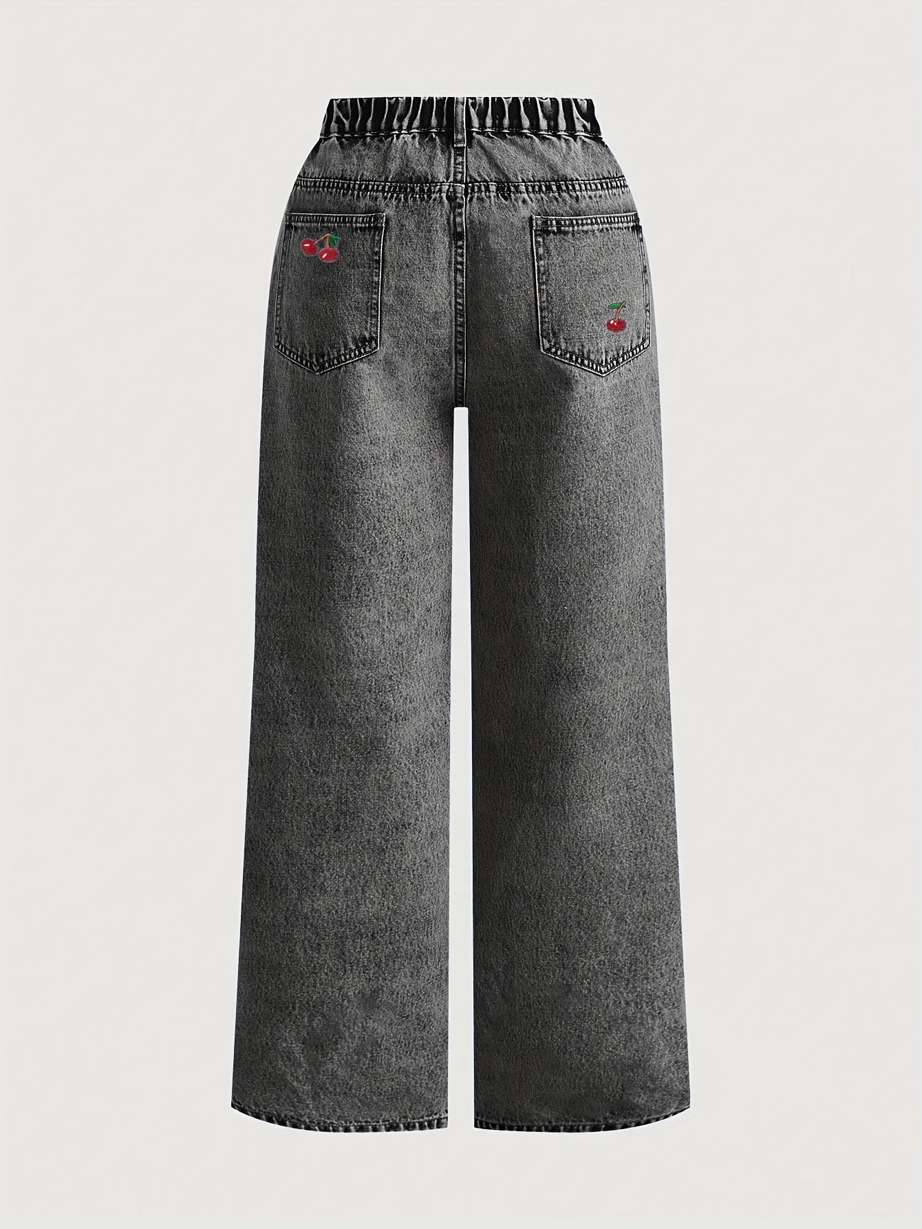Vintage Washed Slimming Stretch Jeans For Women Smoky Gray Distressed Red Cherry Blossom Embroidered American Style_ecoleips.com