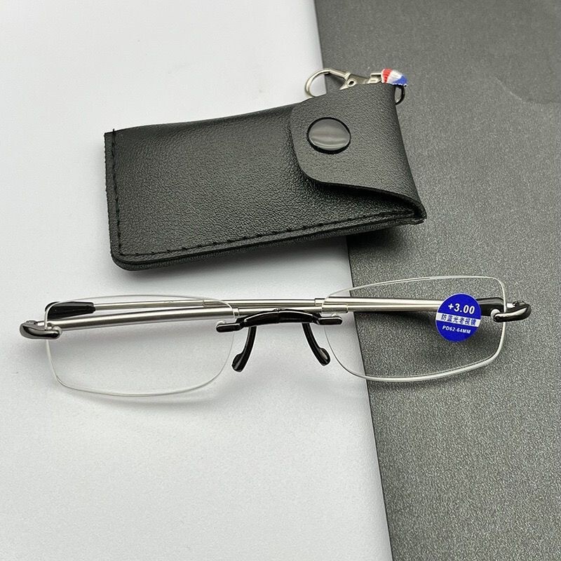 Frameless Cut Edge Folding Portable Presbyoscopic Glasses with Leather Cover Anti-blue Light Retro Ultra Light Antenna Telescopic Presbyoscopic Glasses Trendy Frameless Cut Edge Folding Portable Presbyoscopic Glasses with Leather Cover Anti-blue Light Retro Ultra Light Antenna Telescopic Presbyoscopic Glasses Trendy