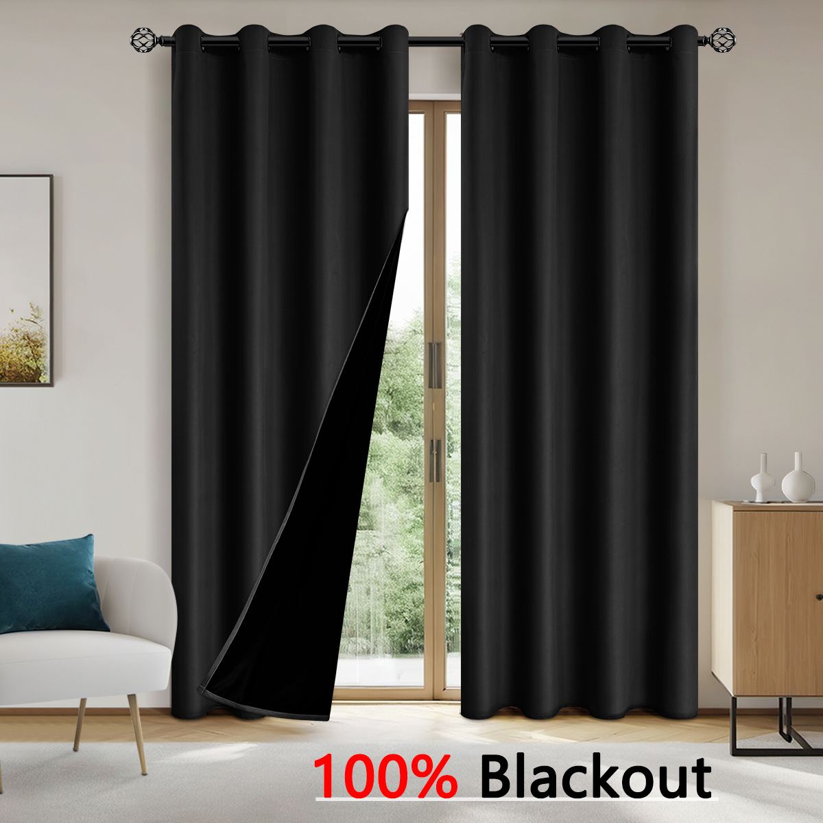 1pc Chunya Spinning Plain Color Full Shading Perforated Nordic Style Full Shading Curtain Living Room Bedroom Bay Window Plain Color Thickened