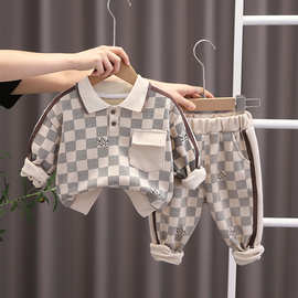 春秋儿童套装韩版新品婴幼儿方格休闲卡通宝宝长袖时尚百搭两件套