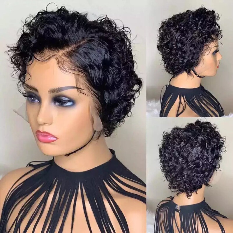 European and American Wigs Cross-Border Middle-Parted Black Hand Tube Wrapped with Small Curly Hair Short Headgear Wigs for Women with Chemical Fiber Headgear