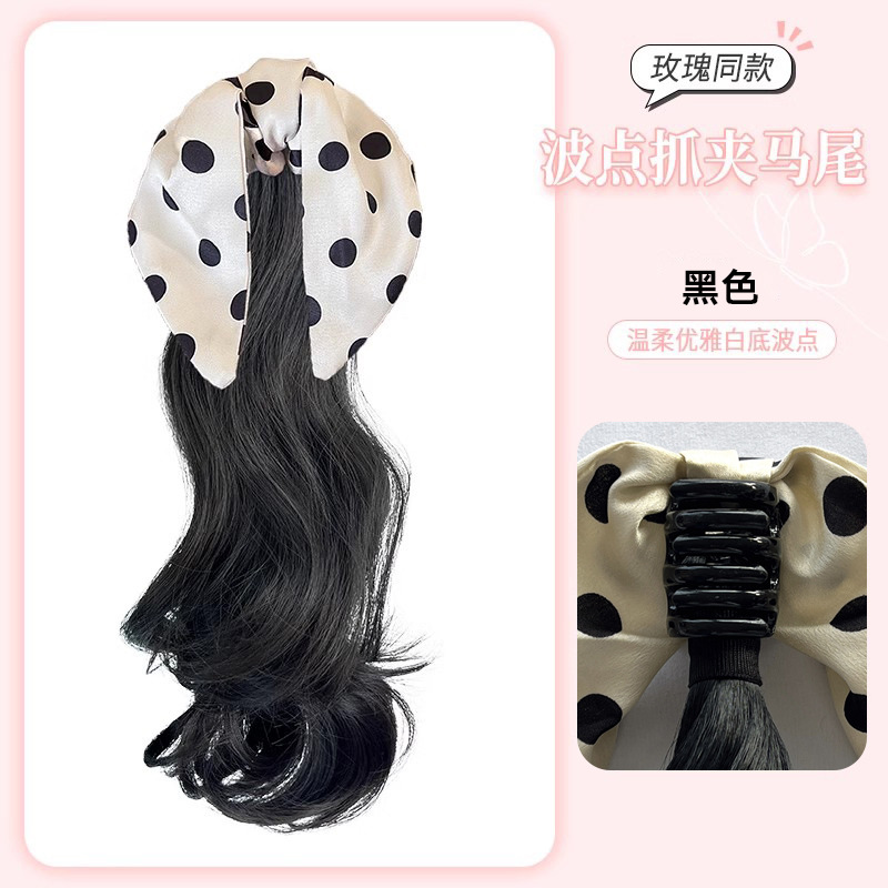 미색 폴카 도트 보우 클립 스타일: 블랙 포니테일