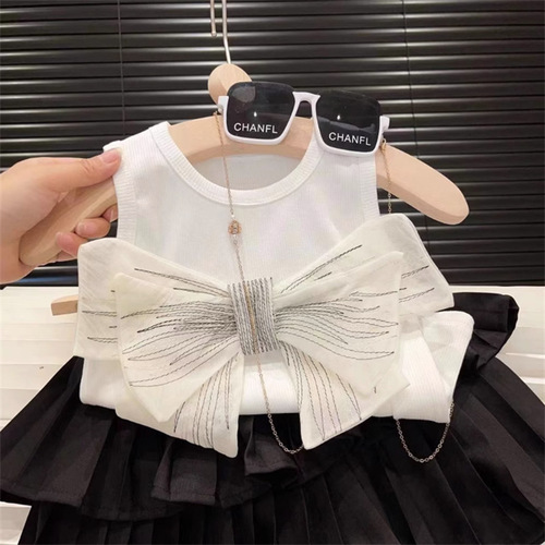 Chic 2024 Summer New Arrival Set for Girls - Korean Style Tank Top with Bow, Princess Cake Short Skirt Two-Piece Set