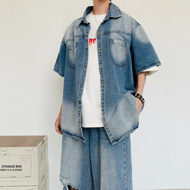 American Retro Niche Distressed Denim Shirt Men's High Street Cool Trendy Brand Ripped Jeans Clothing Set