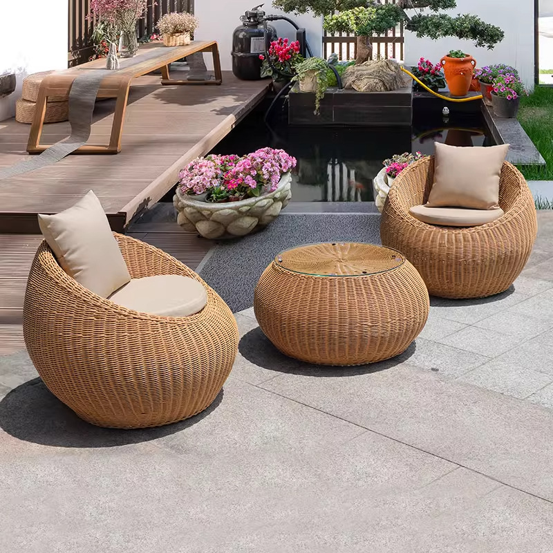 Balcón al aire libre sofá tela de caña mesa de té combinación de caña ocio al aire libre patio silla de caña jardín al aire libre muebles tejidos