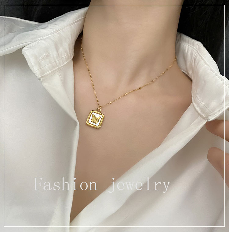 Fashion Butterfly Titanium Steel Inlay Shell Pendant Necklace 1 Piece