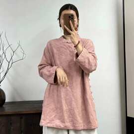 中长款亚麻提花衬衫女2026秋季新款文艺复古立领盘扣宽松改良旗袍