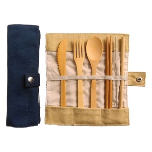 Six-piece Portable Tableware Bamboo Knife and Fork Spoon Straw Canvas Bag Outdoor Travel Spoon suit Printable Logo