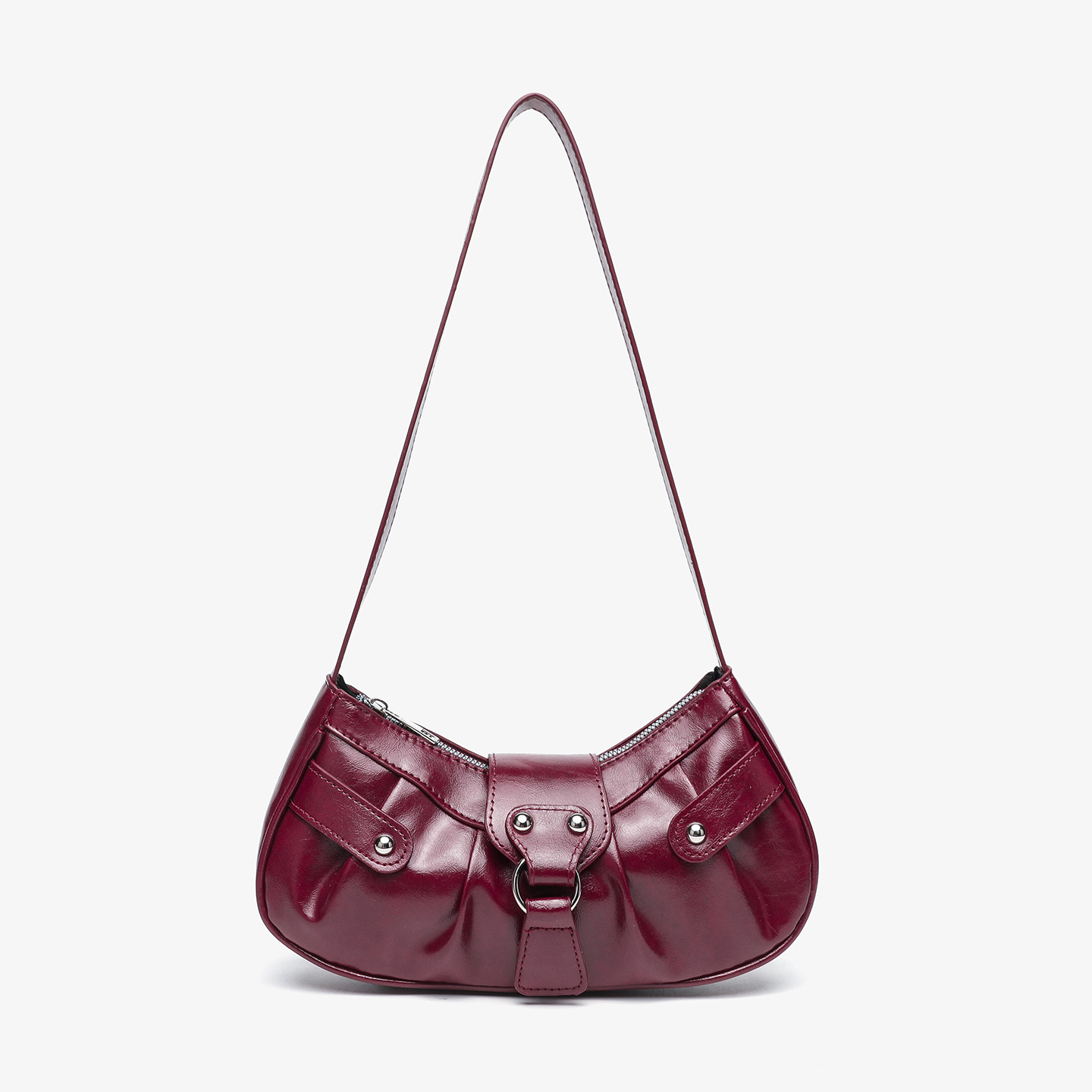 크로스 국경 핫 오토바이 가방 핫 소녀 스타일 리벳 주름 어깨 하이 퀄리티 초승달 가방 소녀 거리 트렌드 블랙