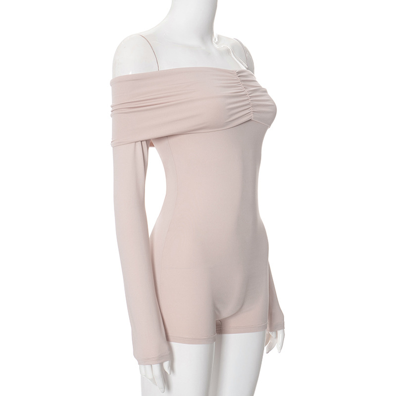 Women Clothing Off Shoulder Pleating Long Sleeve Tight High Waist Romper Women