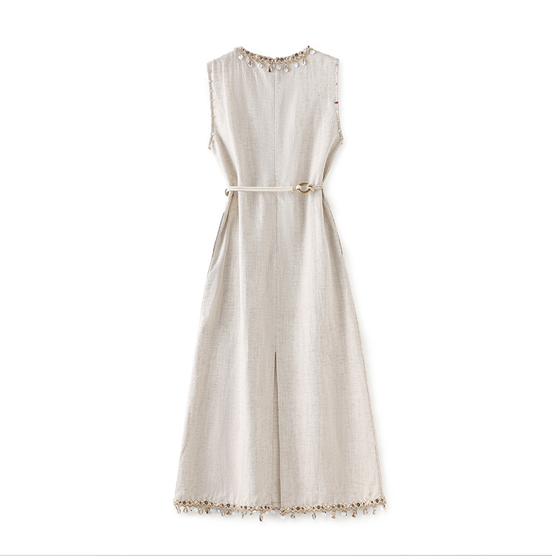 Đầm maxi nữ không tay phong cách Bohemian chất liệu linen tencel phối tua rua — Màu kaki chi tiết 16