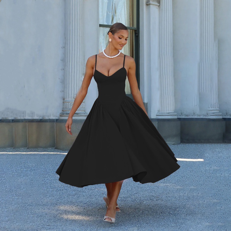 Robe élégante à bretelles et col en V pour femme – Taille haute, coupe moulante, couleur unie estivale (noir/rose, S-L)_voghion.com